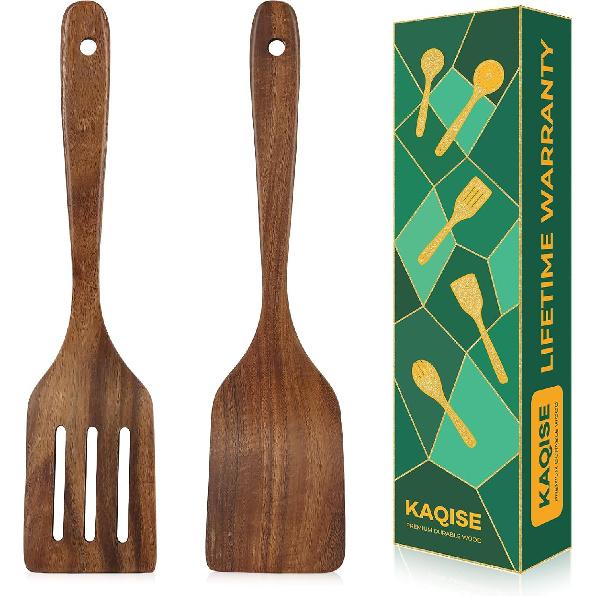 Wooden Spatulas for Cooking, Teak Wooden Kitchen Utensils Set, Natural Wooden Cooking Utensils, Flat Wooden Spatulas and Slotted Spatula Set (2Pcs)