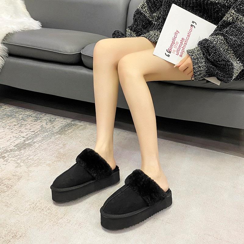 Winter new thick-soled star drag flip mouth wool bag head women's slippers integrated fur hair drag one foot cotton shoes