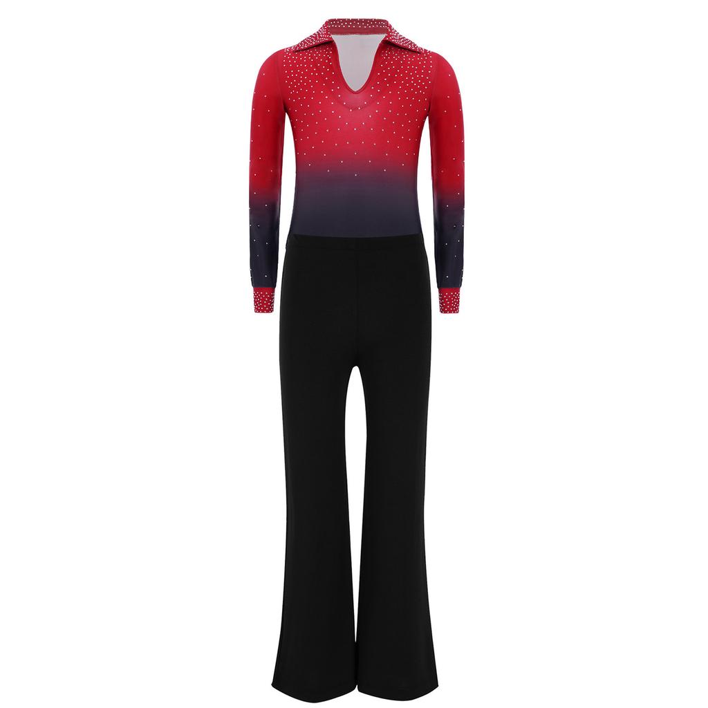 Conjunto de Leotard de Dança Brilhante com Strass, Gola Reversível, Manga Longa e Calça com Cós Elástico para Meninos