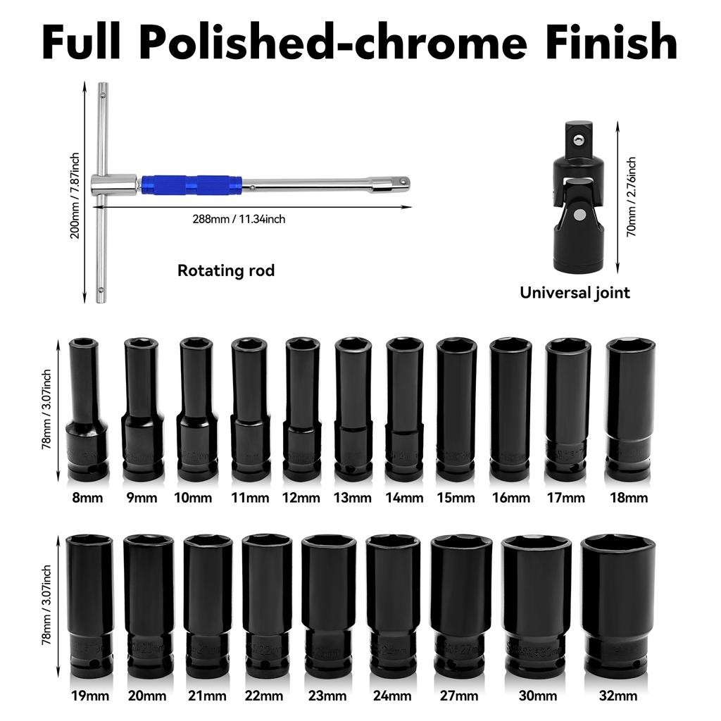 22pcs Combination Drive Extended Socket Hexagonal Impact Sleeve Set with Portable Storage Case 8-32mm Torque for Motor Repair