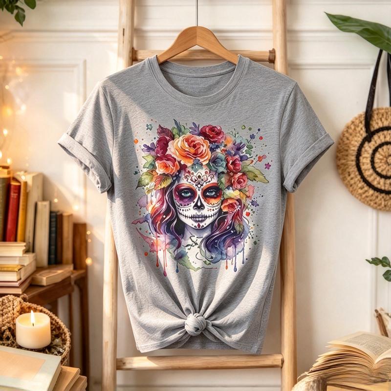 Day Of The Dead Sugar Skull Floral Graphic Tshirt Unisex Unisex Watercolor Rose Print Casual Aesthetic Short Sleeve Tee Y2k Top