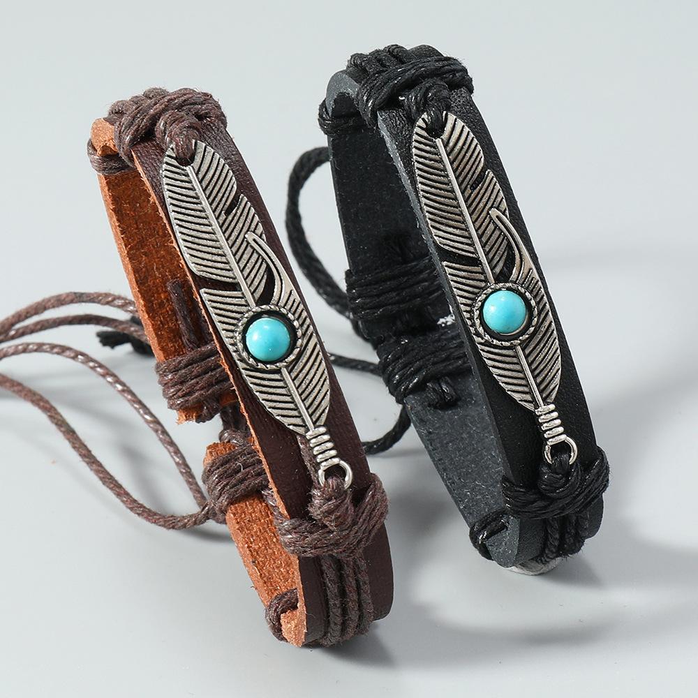 Retro Feather Bracelet Couple Hand-woven Leather Bracelets Simple Fashion Jewelry Valentine's Day Gift