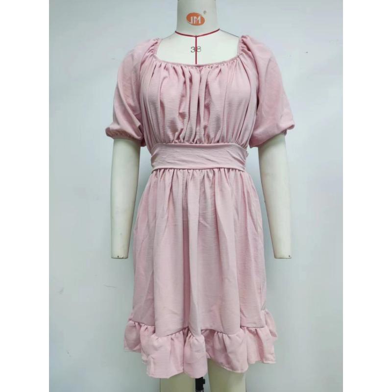 Summer Women's Solid Colour Square Neck Short Sleeve Loose Backless Tie Dresses