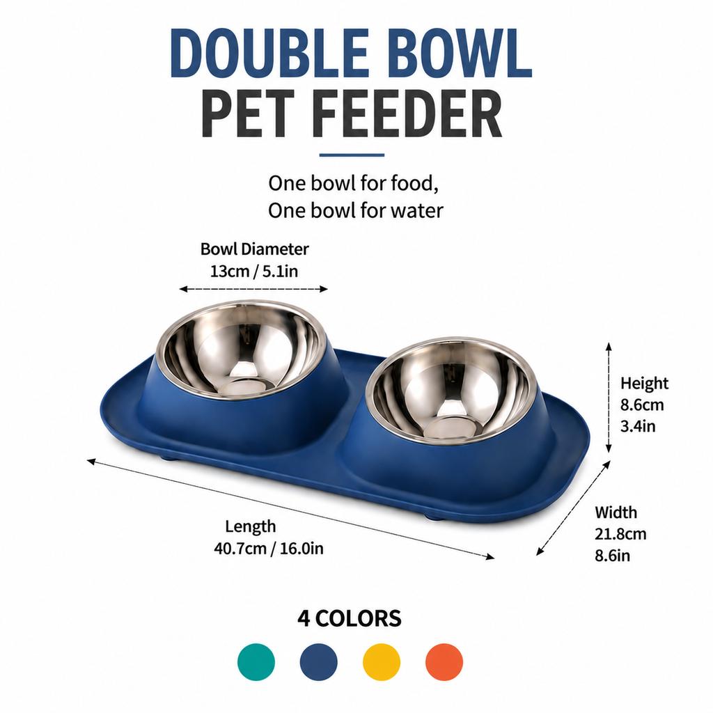 Set di 2 Ciotole per Animali Domestici Inclinabili a 15° in Acciaio Inossidabile Antivibrazione Alimentatore Acqua Cibo per Gatti e Cani Piccoli Blu Verde Arancione Giallo