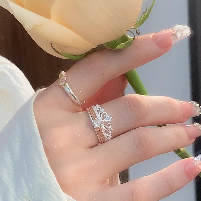Yin Town Crown Zircon Heart Open Ring - High-End Women's Stackable Wedding & Pinky Band