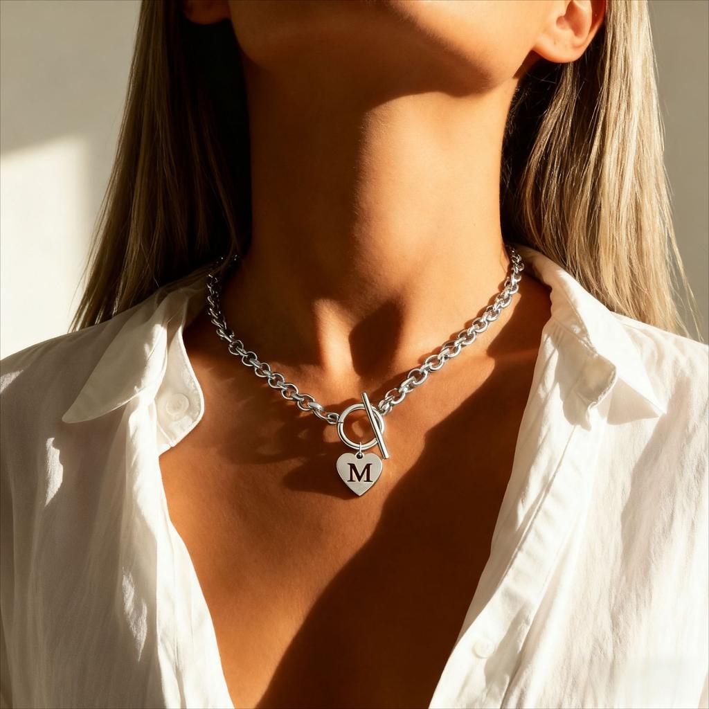 Chunky Stainless Steel M Letter Heart Shaped Pendant Necklace for Women Trendy Exquisite Waterproof Jewelry for Birthday Gifts