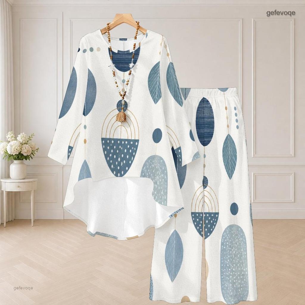 Plus Size Women Abstract Printed Two Piece Set Round Neck Long Sleeve High Low Top Wide Leg Pants