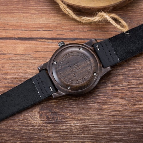 MUJUZE Men's and Women's Wooden Watch with Handcrafted Leather Band, Casual, Business, and Sports Style, Japanese Quartz Movement, Lightweight (Ebony)