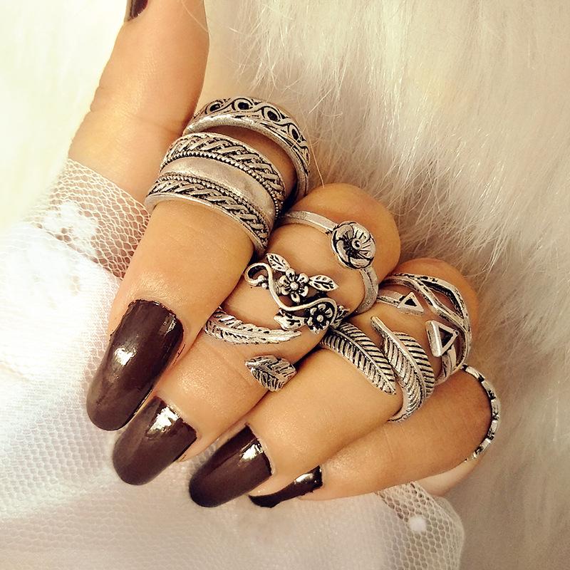Wish Bohemian Leaf Cutout 9-Piece Knuckle Ring Set for Women
