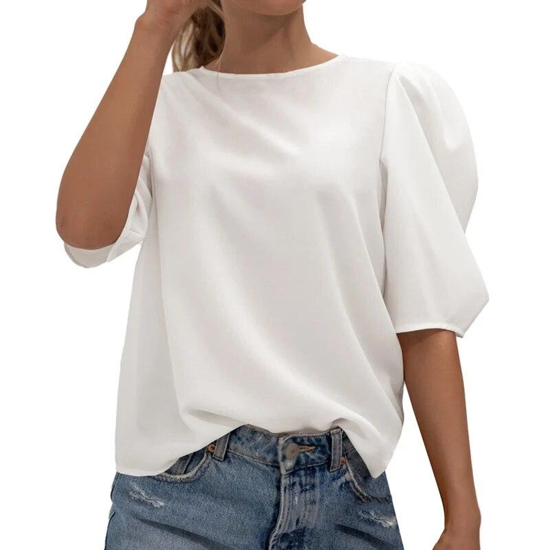 

Однотонный шифоновый топ с круглым вырезом и рукавами-фонариками