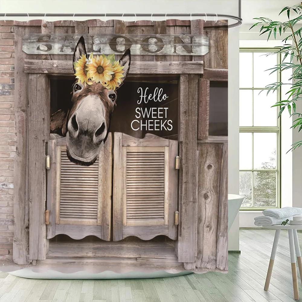 Monika Chen Funny Donkey Shower Curtains Vintage Barn Wooden Door Sunflower Farm Animal Bath Curtain Set Polyester Bathroom Decor With Hooks