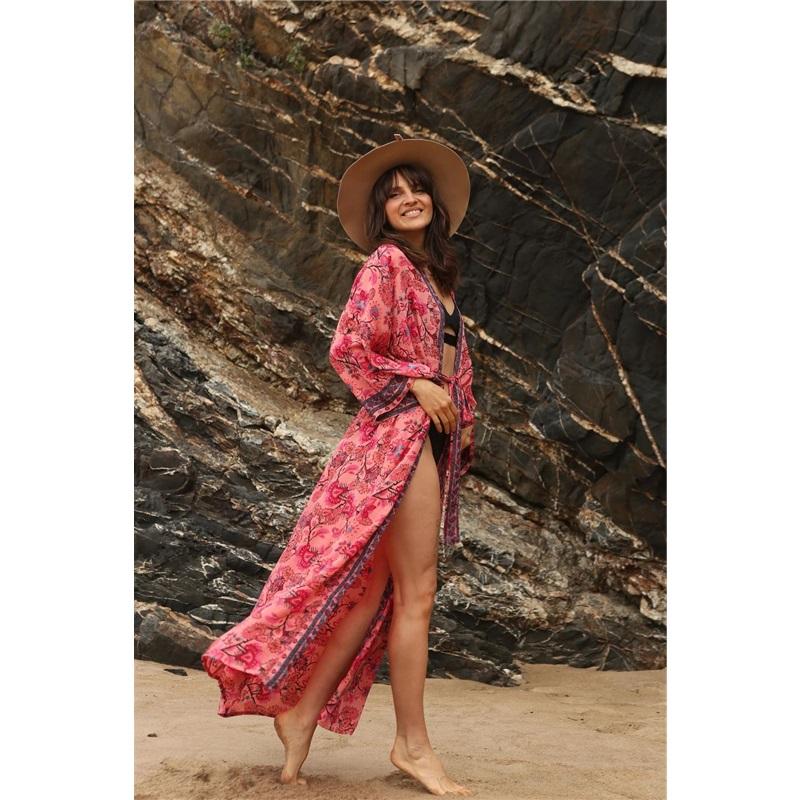 

European And American Style Women s Summer Sunscreen Blouse Pure Cotton Printed Thin Blouse Beach Bikini Blouse, Lazy Feeling One Size розовый