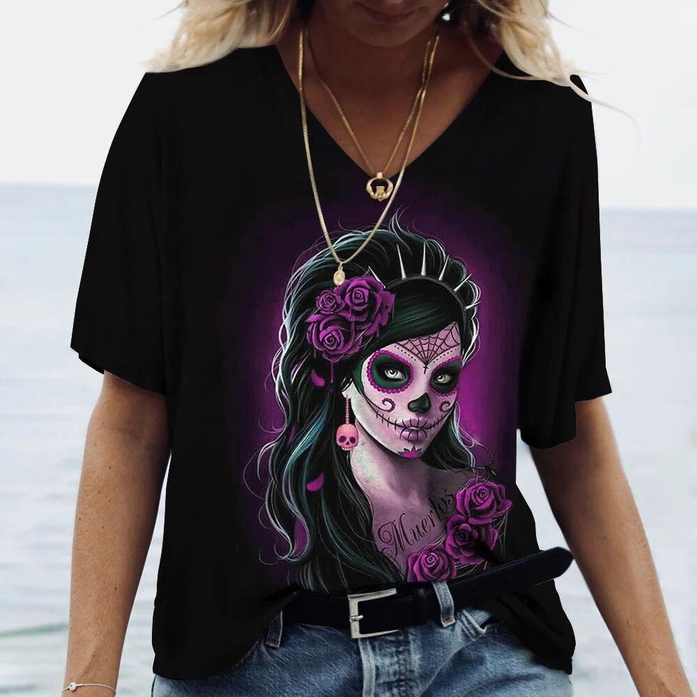 Nová dámská trička Skull Beauty Print Harajuku Y2k Streetwear Day of the Dead Oblečení Topy Dámské Oblečení nadměrné velikosti Letní 6xl