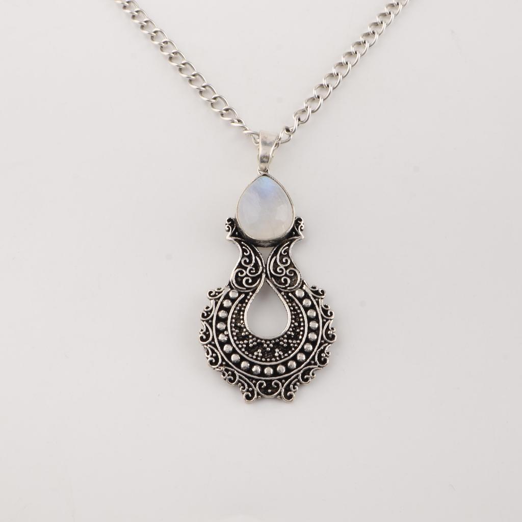 Natural Rainbow Moonstone Gemstone 925 Sterling Silver Oxidize Jewelry Pretty White-Stone Pendant 1.8" For Your Loved Ones CP-45-22