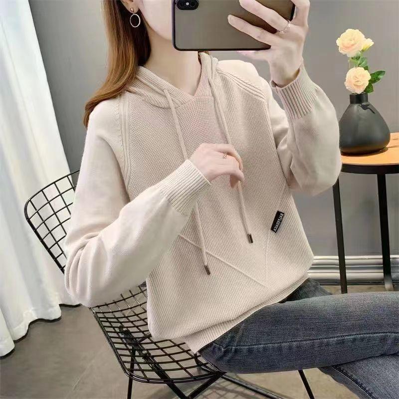 

Пуловер женский свитер с капюшоном женская одежда 2022 весна и осень новый свободный свитер женский вязаный нижний свитер женский One Size бежевый