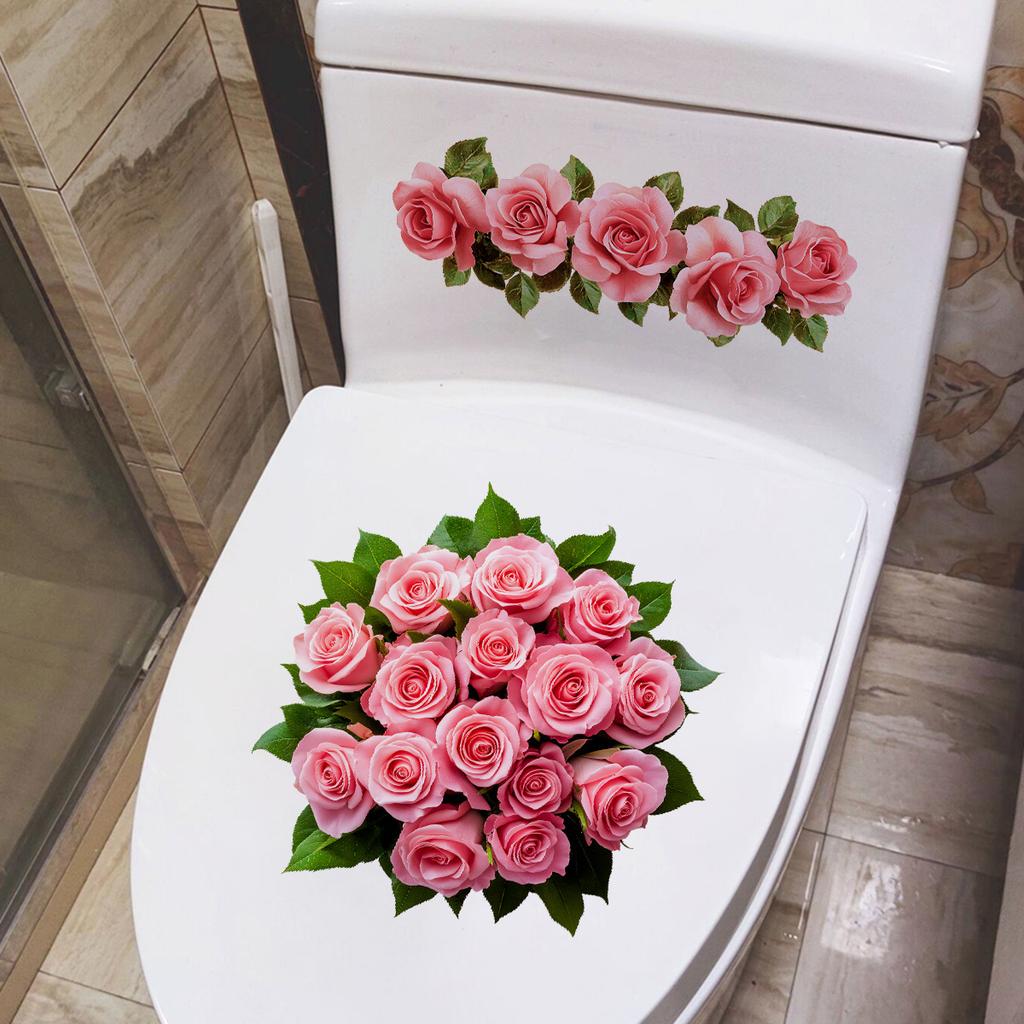 Romantic Pink Rose Toilet Sticker Self-adhesive Waterproof Bathroom Decoration Sticker