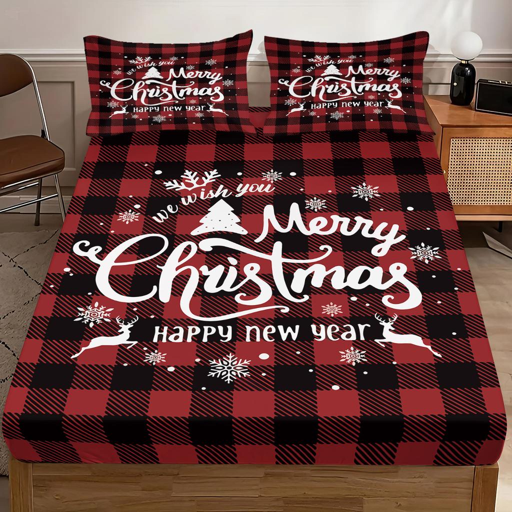 3pcs Plaid Contrasting Color Christmas Happy Print Coreless Bed Sheet Set Multiple Sizes Bed Covers Bedding Soft and Comfortable