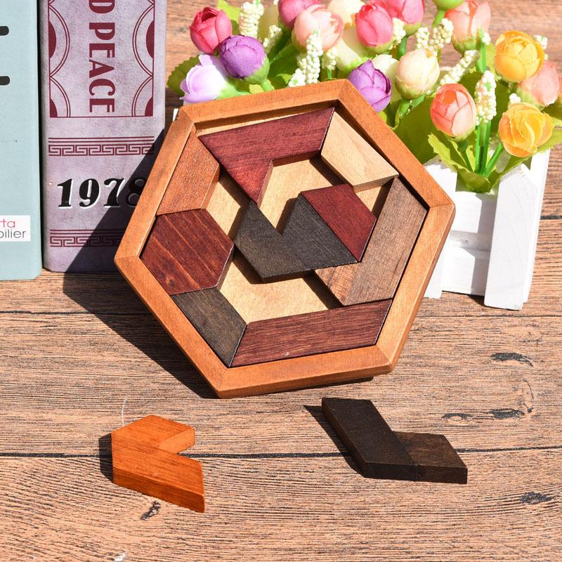 Classical Hexagon Tangram Puzzle Wooden Brain Teasers For Kids Logic Thinking Games Casse Tete Rompecabezas De Madera