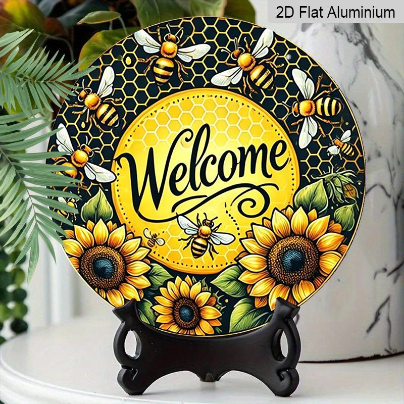 2D Flat, 1pc Vintage Honeycomb Bee & Sunflower Welcome Sign - Rustic Metal Wall Art with Golden/Yellow Honeybee Design, Welcome Lettering - Durable