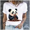 Unisex 100% Polyester Summer Top Happily holding the chocolate panda Print Loose round Neck Short Sleeve Fashion for Lovers