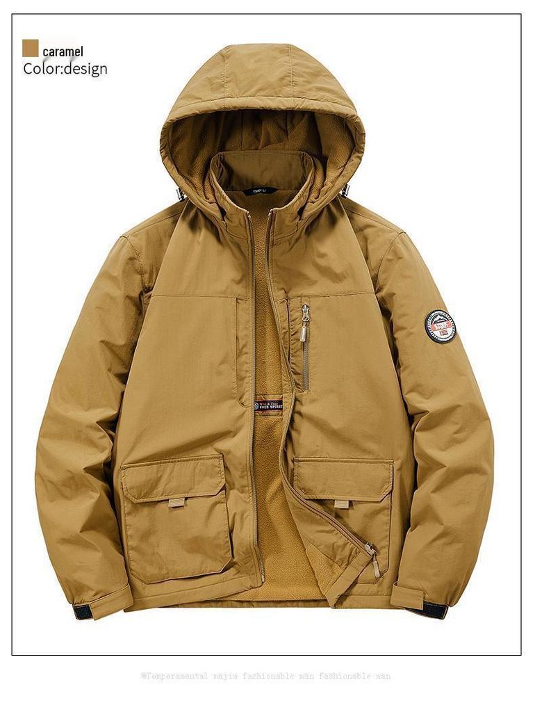 Męska wiatroszczelna kurtka górska z aksamitną podszewką – Pogrubiony zimowy płaszcz bawełniany