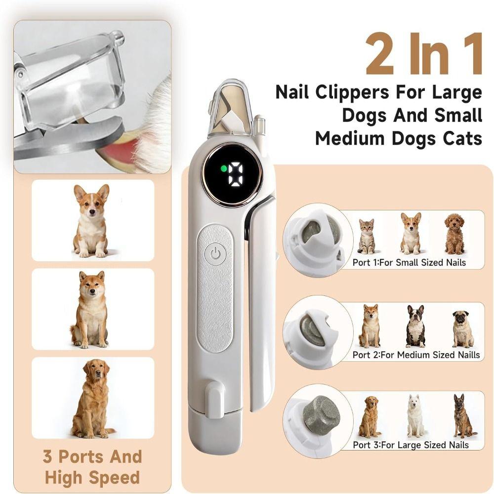 2-in-1 Dog Cat Nail Grinder LED Light Ultra Quiet Pet Nail Clipper with Splash Guard Electric Dog Cat Claw Care File
