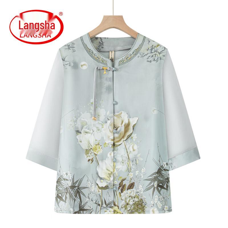 

LangSha New Chinese Style Floral V-Neck Blouse for Elderly Women 4XL