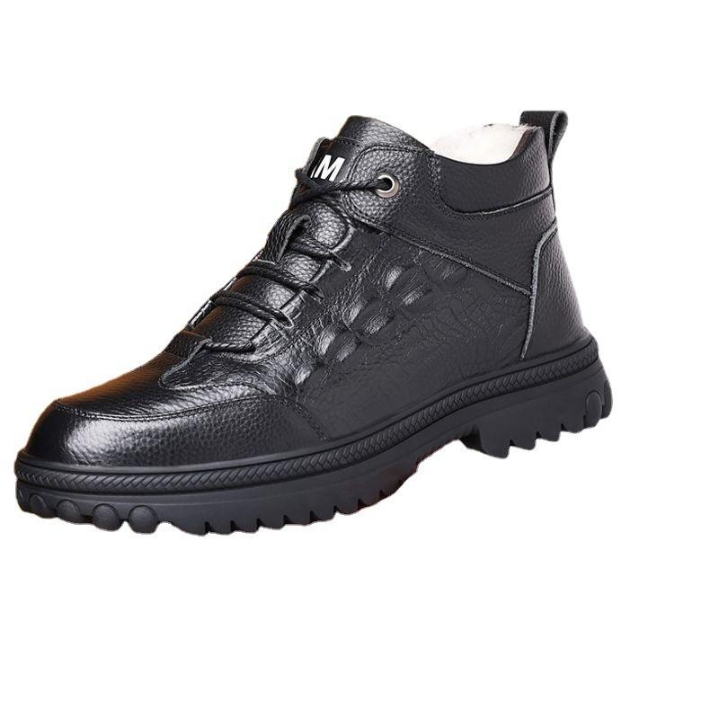 Crocodile Leather Men's Cotton Shoes Fleece Thickened Warm Cowhide Fluff Shoes Gaobang Non-slip and Deodorant Snow Boots Shoes
