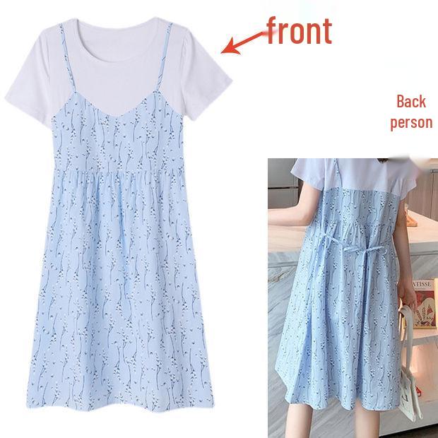 2025 Celebrity-Inspired Maternity Summer Two-Piece Patchwork Dress - Short Sleeve, Mid-Length, Loose Fit