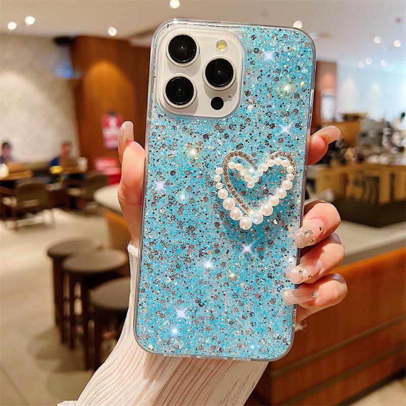 

Роскошный блестящий силиконовый чехол для iPhone 15 Pro Max, 12, 11 - двухслойный дизайн Pearl Love, защита от падений iPhone 14 Pro