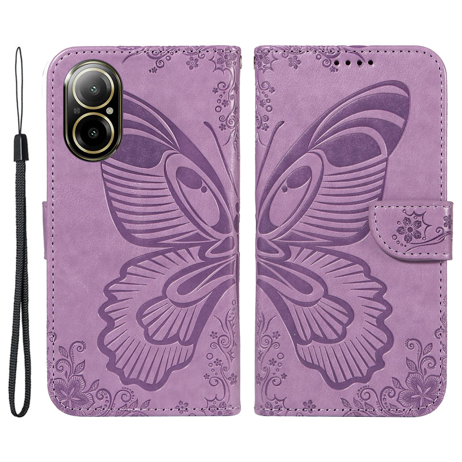 

For Realme C67 4G PU Leather Phone Case Imprinted Pattern Wallet Phone Cover with Strap Light Purple