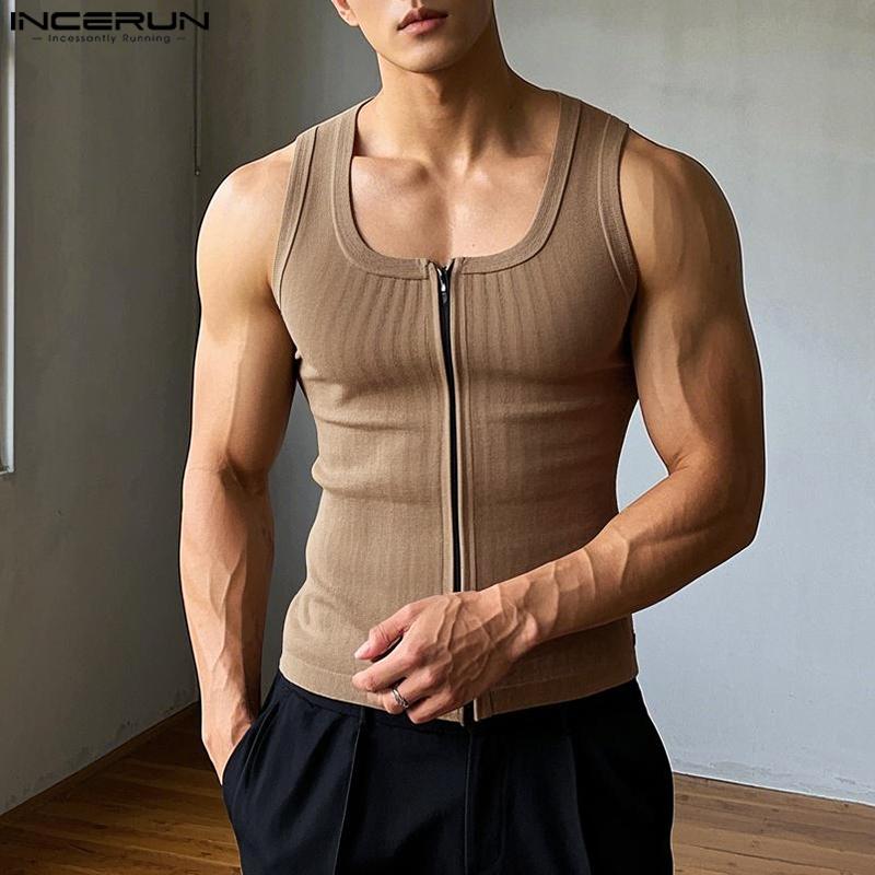 

INCERUN Men Summer U Neck Sleeveless Zipper Rib Skinny Tank Tops