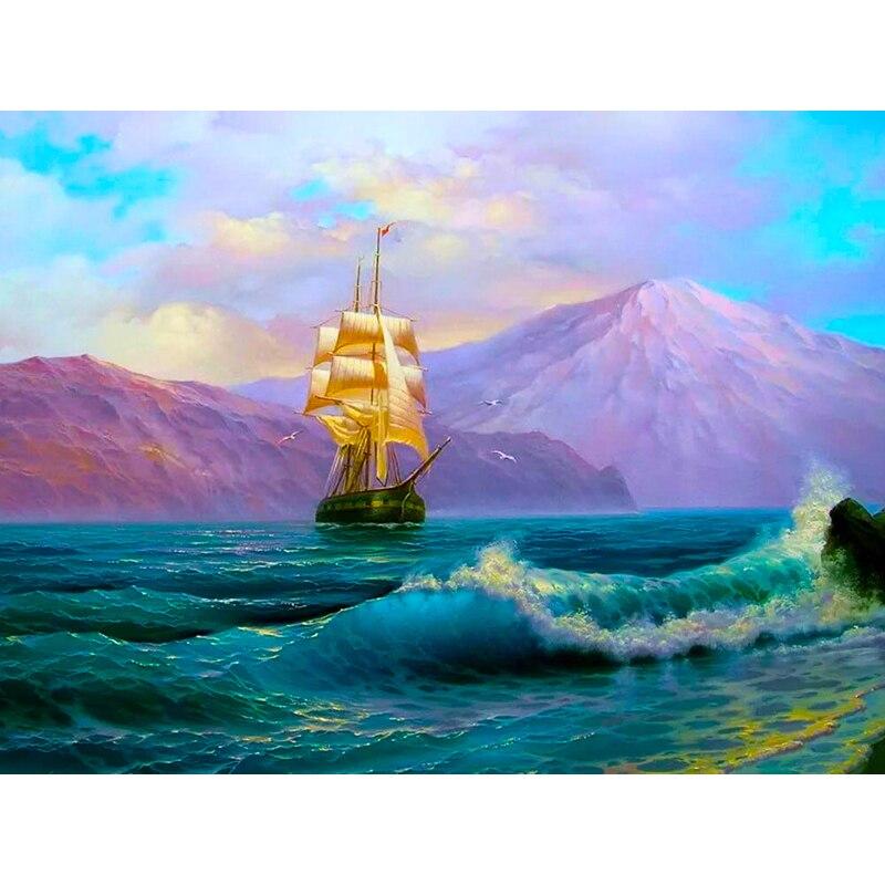 New 5D DIY Diamond Painting Sea View Diamond Embroidery Sailboat Cross Stitch Full Round Drill Home Decor Manual Art Gift