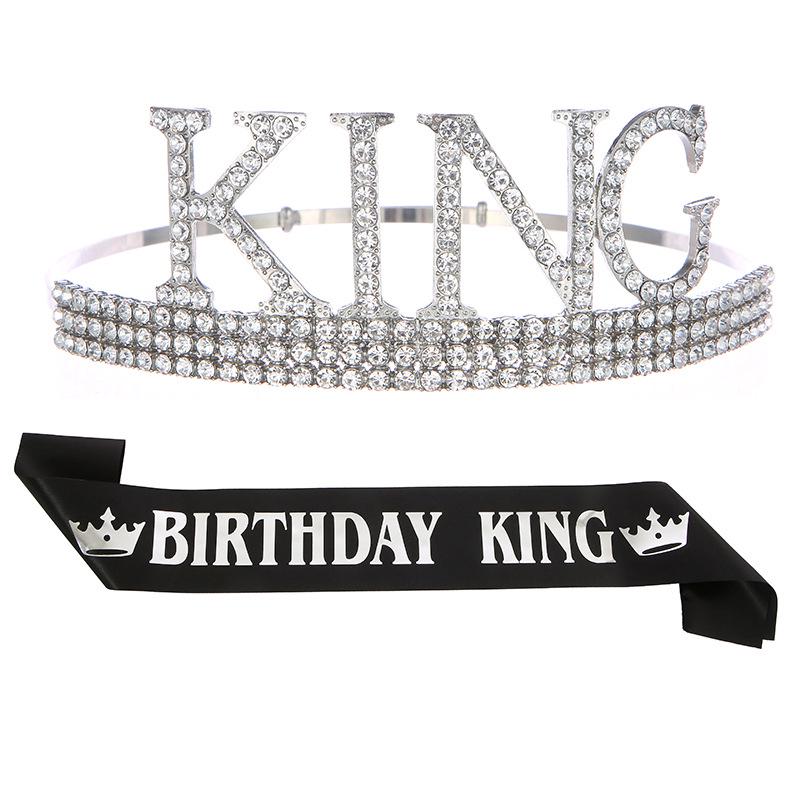 Men's Birthday King Crown and Sash Set - Party Hat Headdress for Cake Celebration