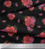 Soimoi Black Japan Crepe Satin Fabric Leaves & Rose Floral Fabric Prints Meter 42 Inch