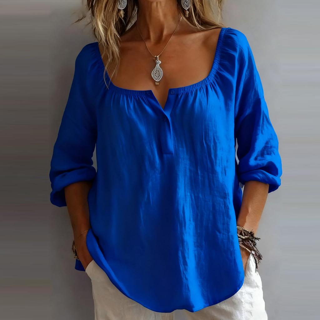 Women's Fashionable Casual Loose-Fit Cotton-Linen Blend V-Neck Long-Sleeve Pullover T-Shirt Top