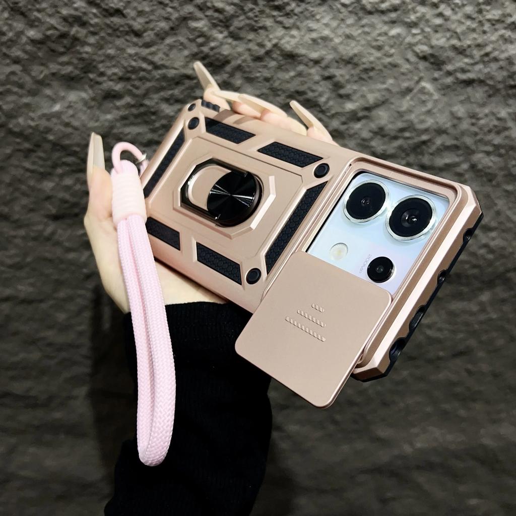 For Xiaomi 14T Pro Case Magnetic Ring Stand With Lanyard Slide Camera Protection Armor Cover for Redmi Note 13 12 Pro 5G 4G 13C