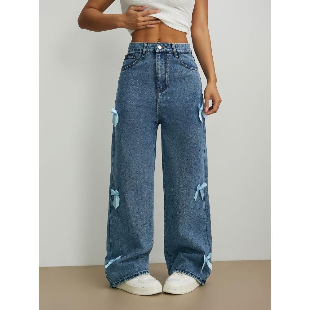 Women's High Rise Wide Leg Jeans Loose Non Stretch Light Wash Denim Trousers Y2K Pink Bow Decor Straight Floor Length Streetwear Casual Long Pants