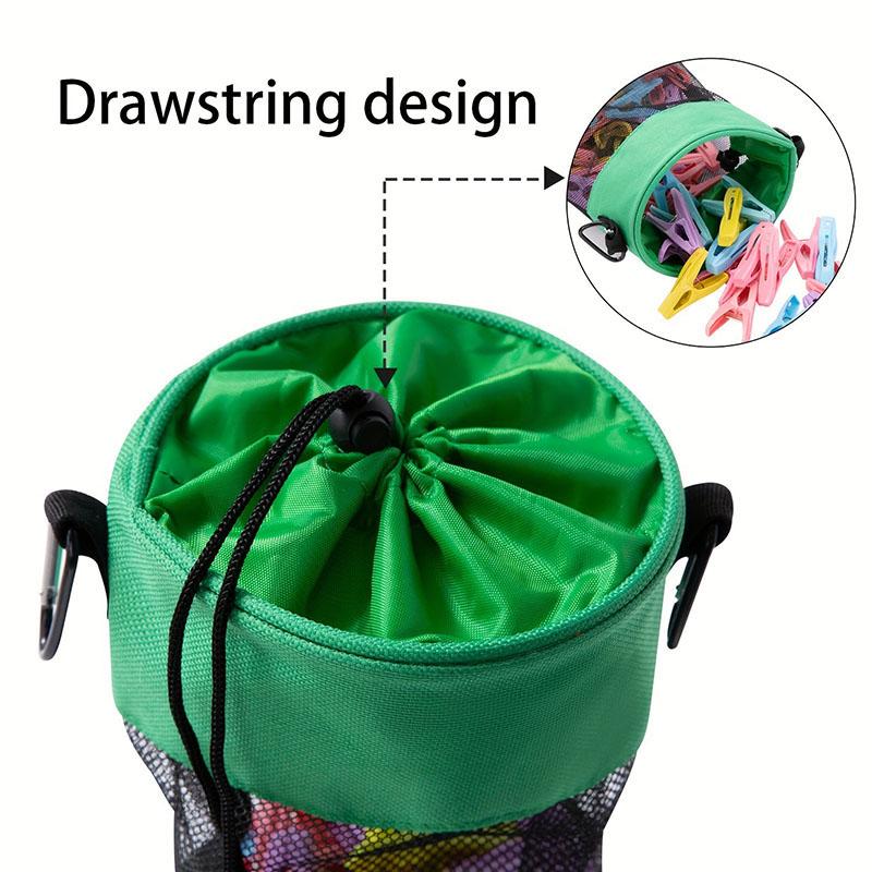 Hanging Mesh Clips Bag with Hook & Drawstring, Ventilated Storage Pouch for Clothes Pins, Laundry, Organize Clothespins