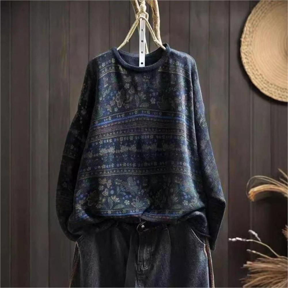 Woman Autumn Niche Vintage O-Neck Casual Loose Retro Sweater Chinese Style Long Sleeves Print Sweater