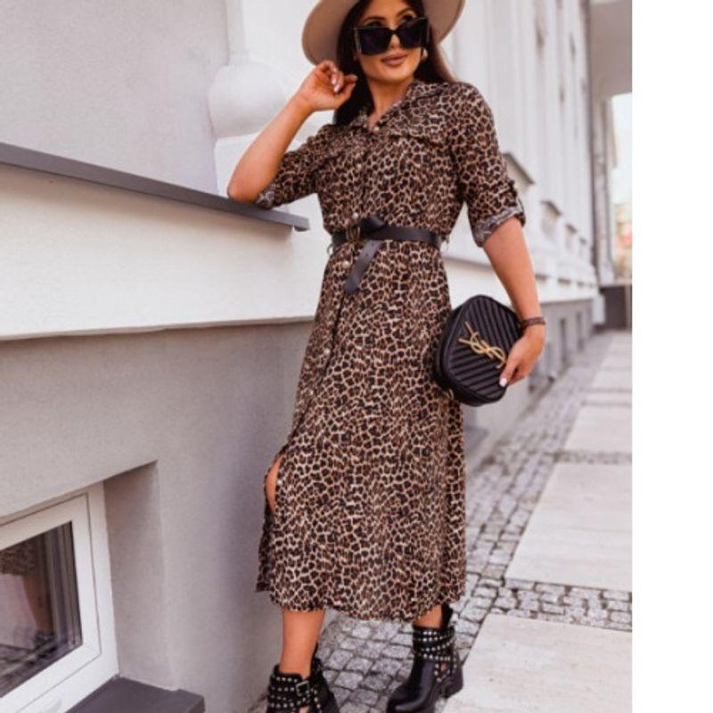 

Fall New Arrival Fashion Cross-Border Fashion Single-Breasted Leopard Print Zebra Prints Mid Length Long Length Long Sleeves Shirt Dress Women Leopard print L