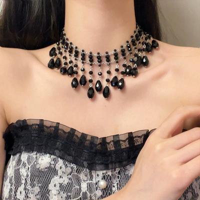 Black Teardrop Tassel Necklace - Unique Beaded Choker for Women