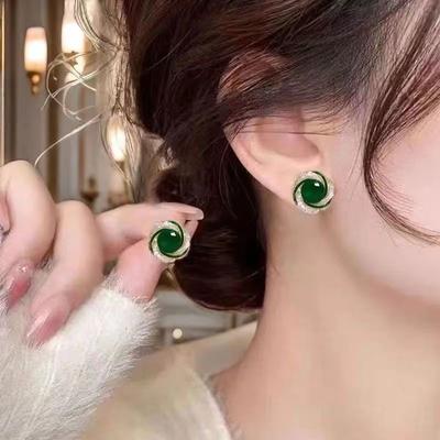 Green Cat's Eye Stone S925 Silver Pin Earrings Senior Elegant Temperament Earrings Female Women