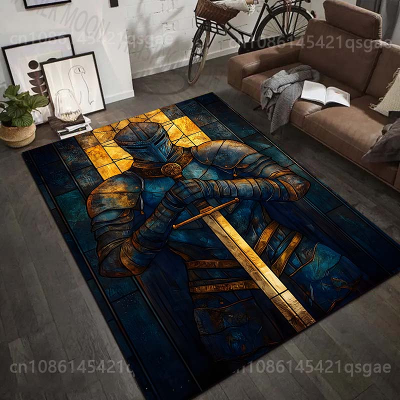 1PC Blue Armored Knight with Sword Print Carpet Rug for Living Room Bedroom Sofa Doormat Home Decor Non-slip Floor Mat