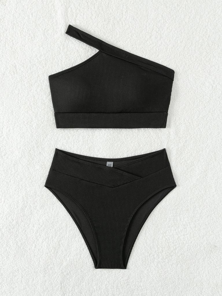 2026 New Style Solid Ribbed One Shoulder High Waist Sexy Bikini Swimsuit Stylish Comfortable For Summer Beach Holiday