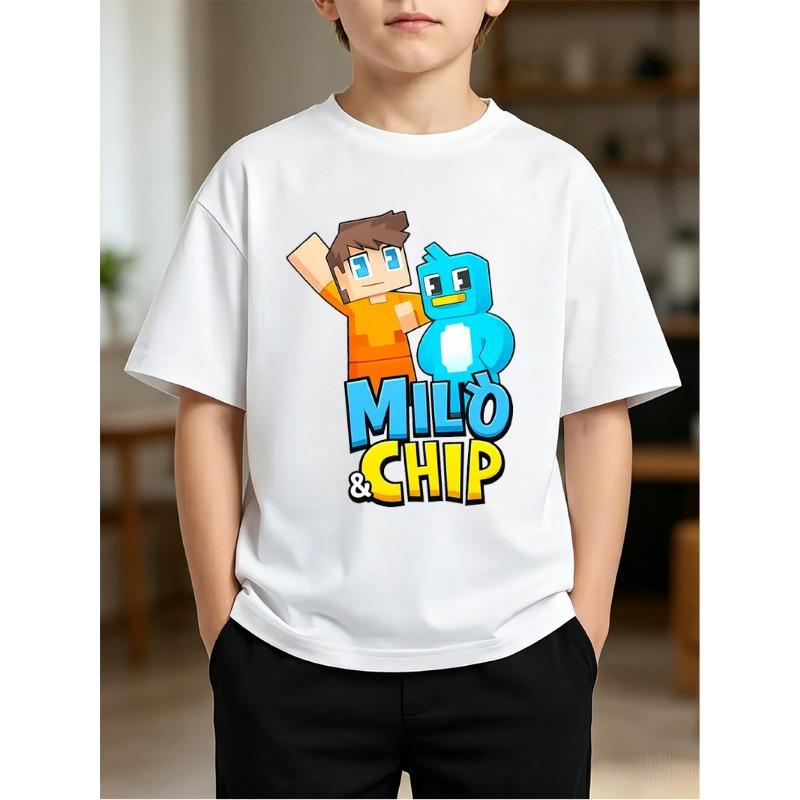 Boys Crewneck Short Sleeve Tee, Milo & Chip Game Character Print, 110 белый