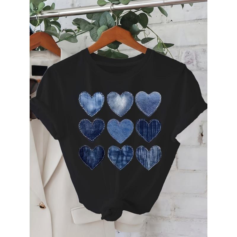 

European Size Heart-Patterned Printed T-Shirt in a Faux Denim Style, Short-Sleeved And Round-Necked, Perfect for Casual 4XL чорний