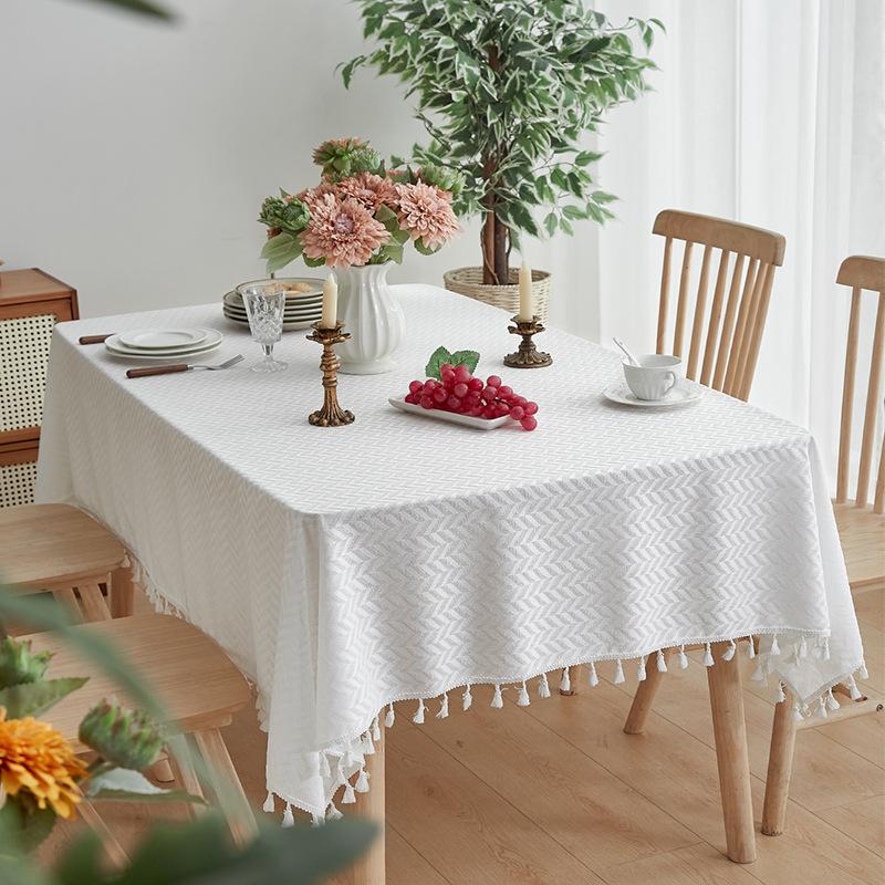 Farmhouse Style Beige Tassel Table Cover, Suitable For Buffet Table, Holiday Dinner, Party, Dining Room, Wedding Rectangular Western Tablecloth