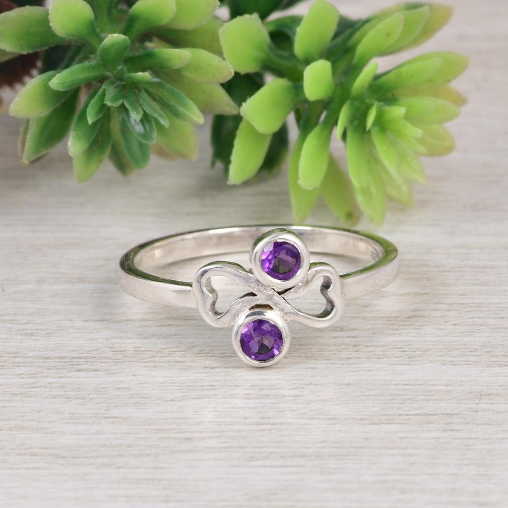 Natural Amethyst Double Stone Ring  | 925 Sterling Silver Minimalist Ring | February Birthstone Ring | Dainty Gemstone Ring | Gift for Her