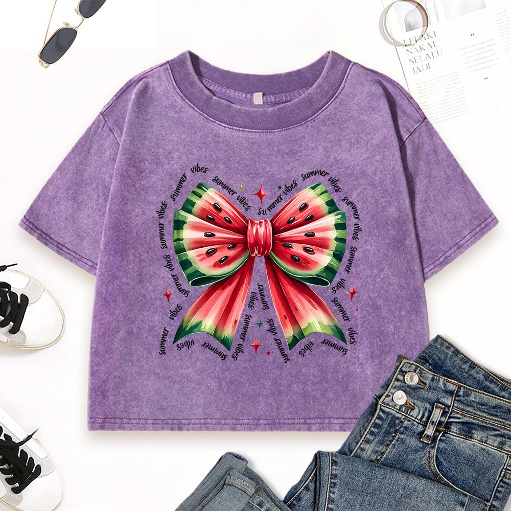 Summer Watermelon Bow Printing Women Washed T Shirt Cotton Casual Short Sleeve Crewneck Crop Top T Shirts